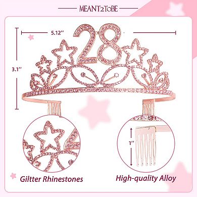 28th Birthday Sash and Tiara for Women - Glitter Sash + Stars Rhinestone Premium Metal Tiara
