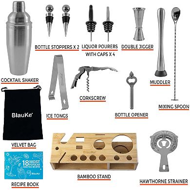 Stainless Steel Cocktail Shaker Set with Stand - 17-Piece Mixology Bartender Kit, Bar Set