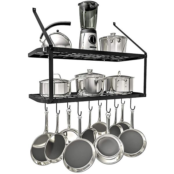 Heavy Duty Kitchen Wall Mounted Hanging Pot and Pan Rack Organizer with Ten  Hooks | 2-Tiered Shelves for Kitchen Storage Organization, Bakers Rack