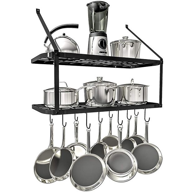 Wall Mounted Hanging Pot and Pan Rack for Kitchen Storage and Organization  - 2-Tier Wall Shelf for Pots and Pans Storage