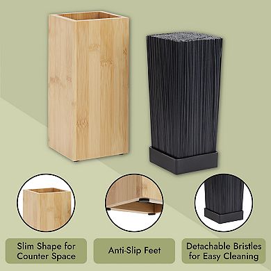 Bamboo Knife Block With Bristles, Wooden Universal Knives Stand Holder, 4x4x9 In