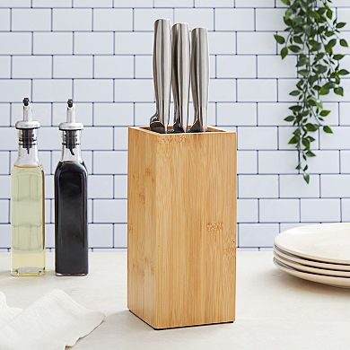 Bamboo Knife Block With Bristles, Wooden Universal Knives Stand Holder, 4x4x9 In