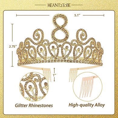 8th Birthday Sash and Tiara for Girls - Glitter Sash + Rhinestone Gold Tiara