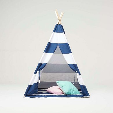 Cotton Canvas Teepee Play Tent with Soft Carpet White and Blue Stripes