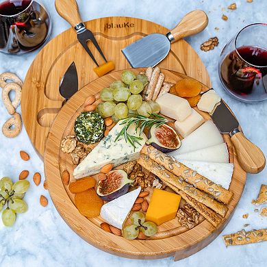 Wooden Cheese Board and Knife Set - 10 Inch Swiveling Charcuterie Board with Slide-Out Drawer
