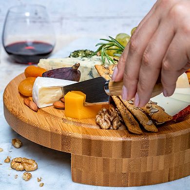 Wooden Cheese Board and Knife Set - 10 Inch Swiveling Charcuterie Board with Slide-Out Drawer