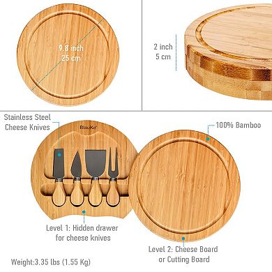 Wooden Cheese Board and Knife Set - 10 Inch Swiveling Charcuterie Board with Slide-Out Drawer