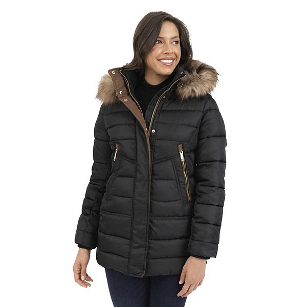 Womens Nine West Faux Fur Trimmed Hooded Puffer Coat 