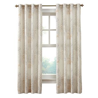 Light Filtering Grommet Curtain Panel Leaf Branches Bouquet Faux Linen Fabric