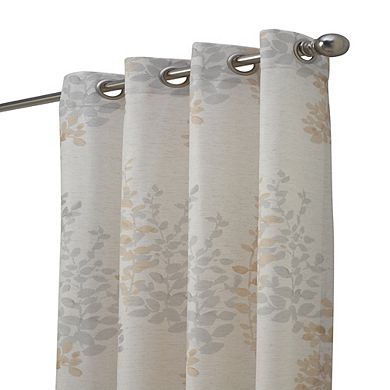 Light Filtering Grommet Curtain Panel Leaf Branches Bouquet Faux Linen Fabric