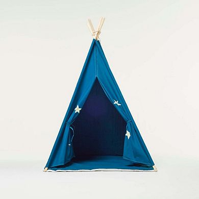 Cotton Canvas Teepee Play Tent w/Soft Carpet Blue and Fluorescent Stars