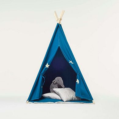 Cotton Canvas Teepee Play Tent w/Soft Carpet Blue and Fluorescent Stars