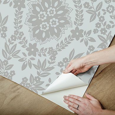 RoomMates Blue and Silver Boho Baroque Damask Peel and Stick Wallpaper
