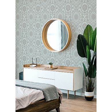 RoomMates Blue and Silver Boho Baroque Damask Peel and Stick Wallpaper