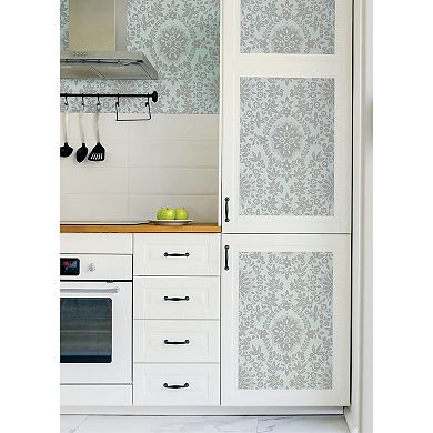 RoomMates Blue and Silver Boho Baroque Damask Peel and Stick Wallpaper