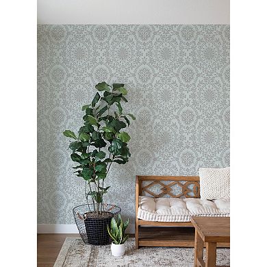 RoomMates Blue and Silver Boho Baroque Damask Peel and Stick Wallpaper