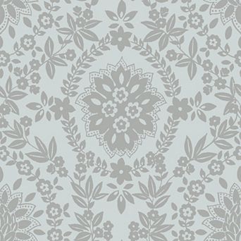 RoomMates Blue and Silver Boho Baroque Damask Peel and Stick Wallpaper
