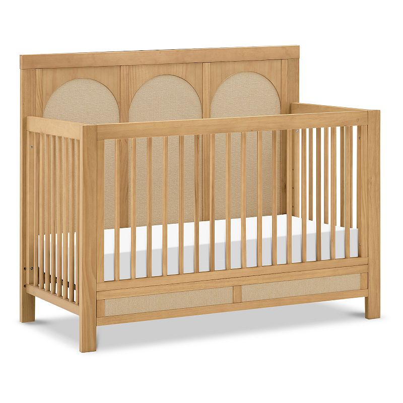 Namesake Wooden Eloise 4-in-1 Convertible Crib - Honey Finish with Performance Sand Eco-Woven Headboard. Transforms from Crib, Toddler Bed, Day Bed, to Full Size Bed. 46.9'' H X 29.9'' W X 55.7'' L