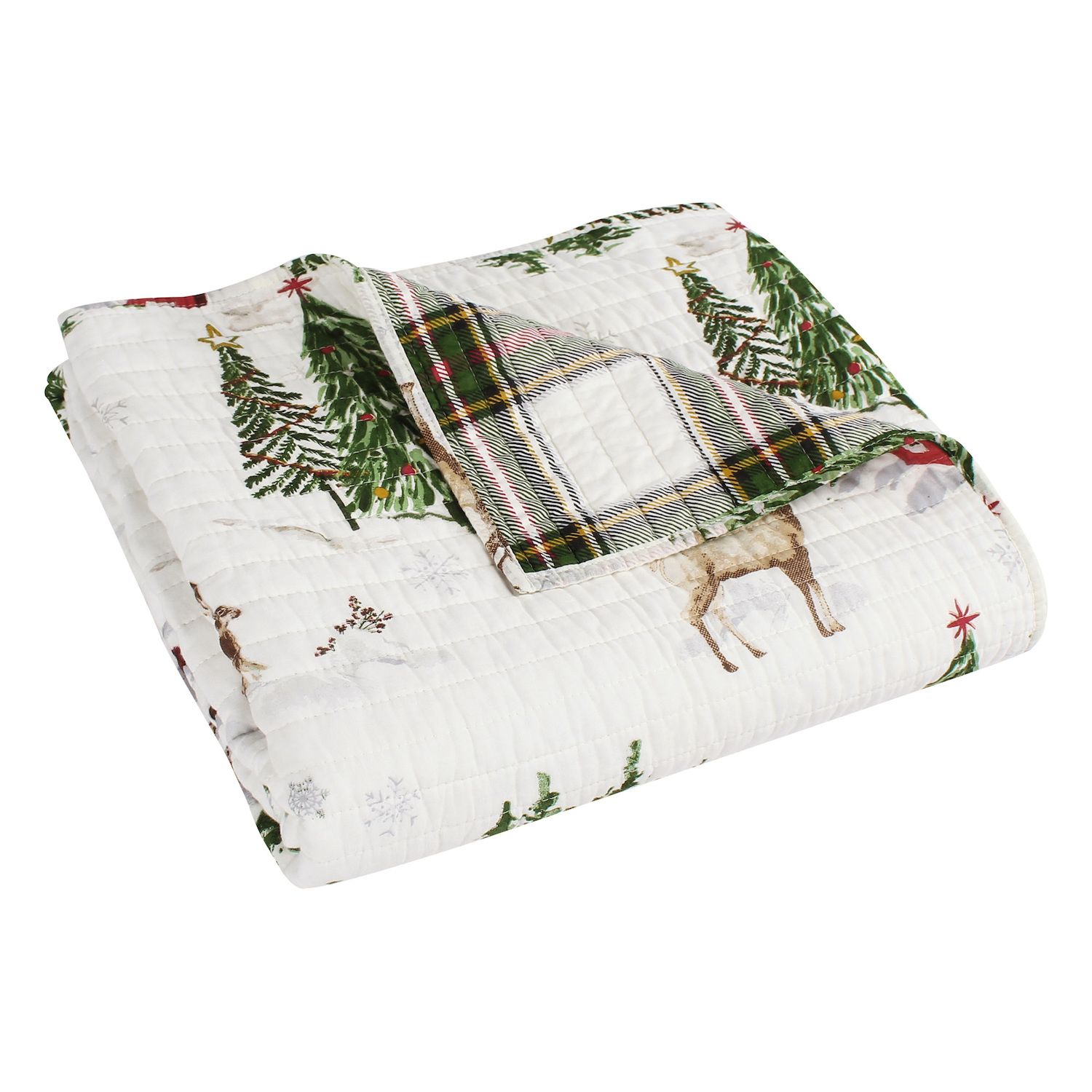 Levtex Home Überwurf „Tatum Pines“ – Weihnachtshütten-Design, Gesteppt, Aus Baumwolle (127 X 152 Cm, Rot/grün/braun/weiß)