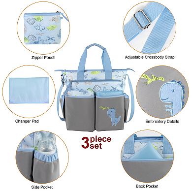 Baby Essentials Dinosaur Diaper Bag Tote 3-Piece Set with Changing Station