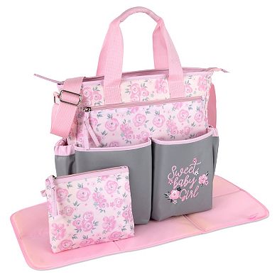 Baby Essentials "Sweet Baby Girl" Diaper Bag Tote 3-Piece Set with Changing Station 