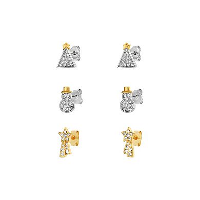 Brilliance Two Tone Fine Silver Plated & 18k Gold Flash Plated Crystal Christmas Tree Snowman & Shooting Star Stud Earring Trio Set