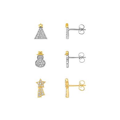 Brilliance Two Tone Fine Silver Plated & 18k Gold Flash Plated Crystal Christmas Tree Snowman & Shooting Star Stud Earring Trio Set