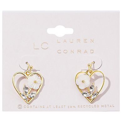LC Lauren Conrad Gold Tone Crystal & Shell White Flower Open Heart Drop Earrings