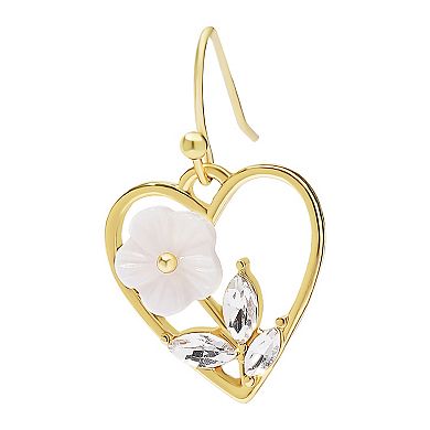 LC Lauren Conrad Gold Tone Crystal & Shell White Flower Open Heart Drop Earrings