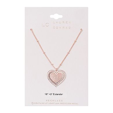 LC Lauren Conrad Rose Gold Tone Beaded Chain Filigree Heart Pendant Necklace