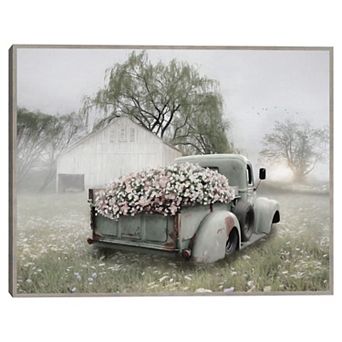 Sage Green Truck with Blush Flower Framed Canvas Wall Art