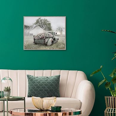 Sage Green Truck with Blush Flower Framed Canvas Wall Art