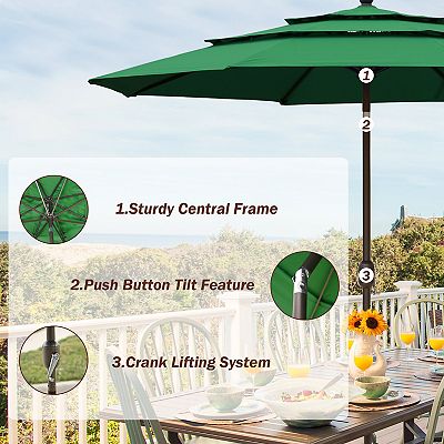 15' patio umbrella with lights Tangkula 15 Ft Twin Patio Umbrella with 48 LED Lights, Double-Sided Ou   tangkula