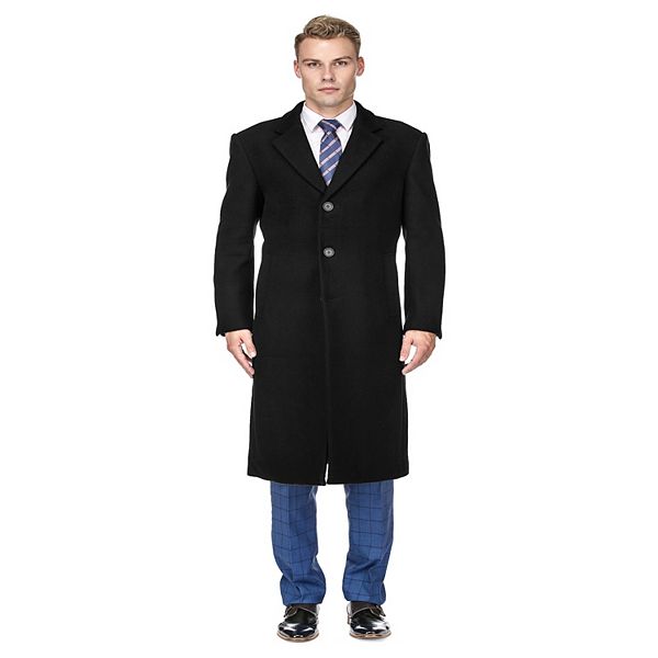 Men's Knee Length Wool Blend Three Button Long Jacket Overcoat Top Coat