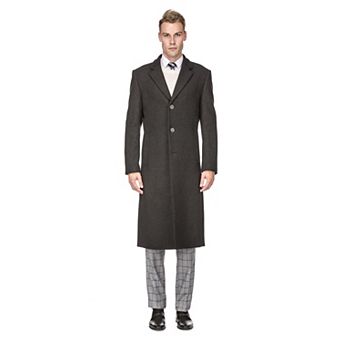 Men's Knee Length Wool Blend Three Button Long Jacket Overcoat Top Coat