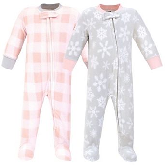Hudson Baby Infant Girl Fleece Zipper Sleep and Play 2 pk Gray Pink Snowflake, 3-6 Months