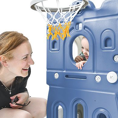 F.C Design Kids Slide Playset Structure, Freestanding Castle Climber with Slide and Basketball Hoop, Toy Storage Organizer for Toddlers, Indoor Outdoor Playground Activity