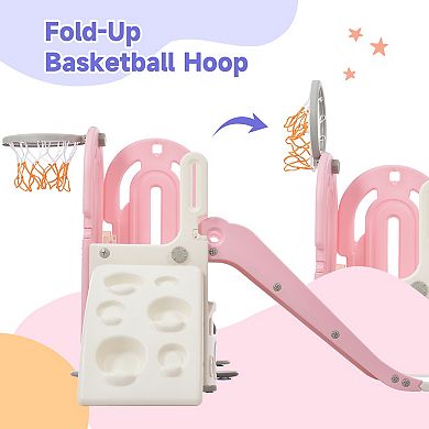 F.C Design Toddler Climber and Slide Set 4 in 1: Kids Playground Climber Freestanding Slide Playset with Basketball Hoop - Indoor & Outdoor Play Combination for Babies