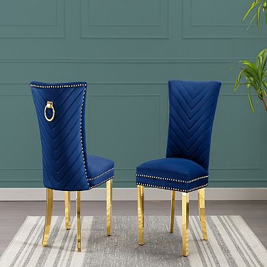 Best Quality Furniture Upholstered V-Shaped Texture Dining Chairs with Gold Stainless Steel (Set of 2)
