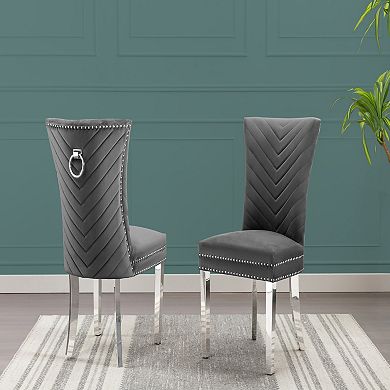 Best Quality Furniture Upholstered V-Shaped Texture Dining Chairs with Stainless Steel (Set of 2)