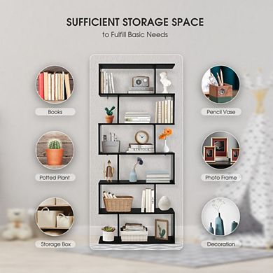 Hivvago 6 Tier S-shaped Bookshelf Storage Display Bookcase Decor Z-shelf