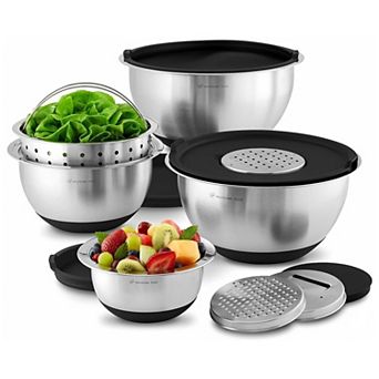 Wolfgang Puck 12 pc Stainless Steel Mixing Bowl Set, Silicone Grip Bottom, Multifunction Lid with 3 Interchangeable Blades, Oven Safe, Easy-Store Nesting Design, Colander, 4 Bowls with Lids