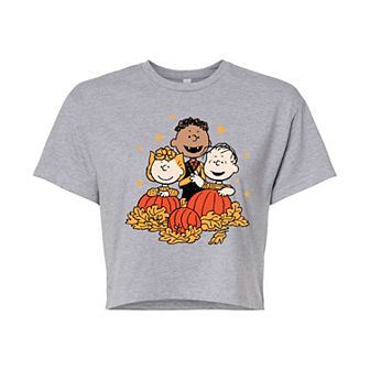 Juniors' Peanuts Pumpkin Trio Croppped Tee