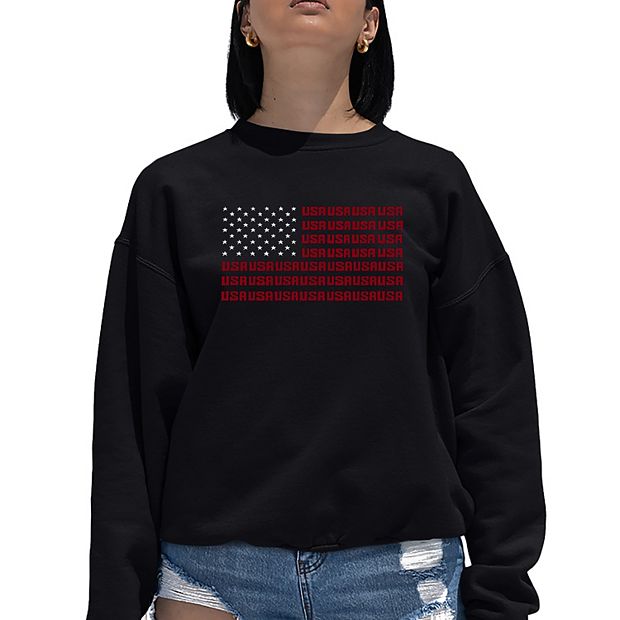 売れ筋商品|||エルエーポップアート カットソー トップス レディース Women's Hooded Word Art USA Flag Sweatshirt Top Purple Usa Flag - Women's Word Art Crewneck Sweatshirt
