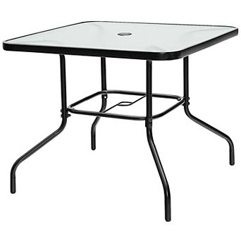 Outdoor Patio Table Square Glass Top Steel Frame Dining Table with Umbrella Hole for 4 People