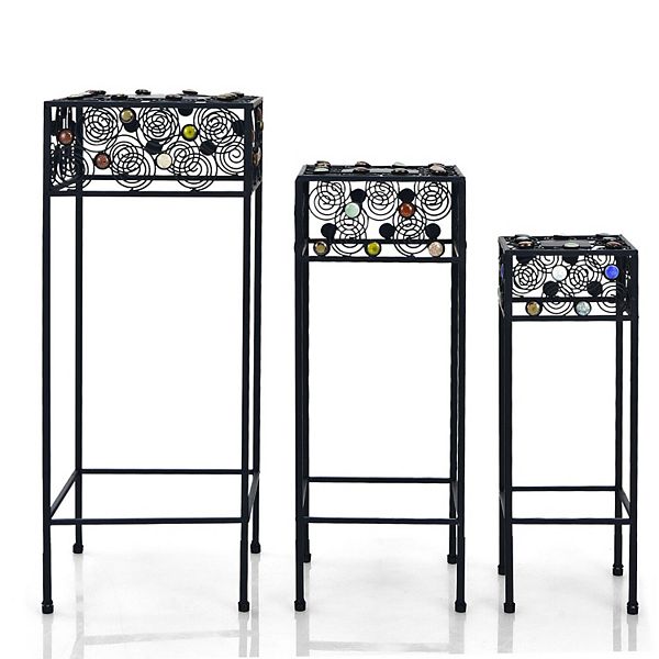 Set of 3 Metal Flower Pot Holder Rack with Colorful Ceramic BeadsBlack