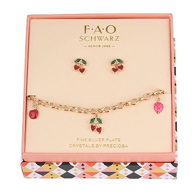 FAO Schwarz Gold Tone Crystal Cherry Bracelet & Stud Earrings Set