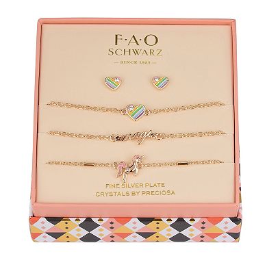 FAO Schwarz Gold Tone Unicorn Bracelet Trio & Earrings Set