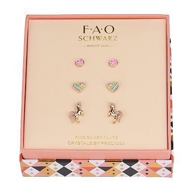 FAO Schwarz Gold Tone Unicorn & Heart Trio Stud Earring Set