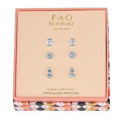 FAO Schwarz Silver Tone Crystal Snowman & Mittens Trio Stud Earrings Set